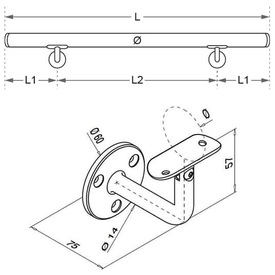 Hardwood Oak Handrail with Adjustable Angle Plate Bracket Diagram