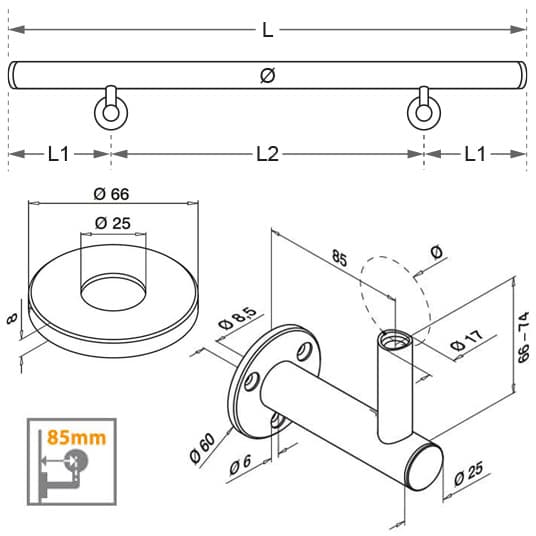 Handrail with Flush Fixing Plate Bracket - Dimensions