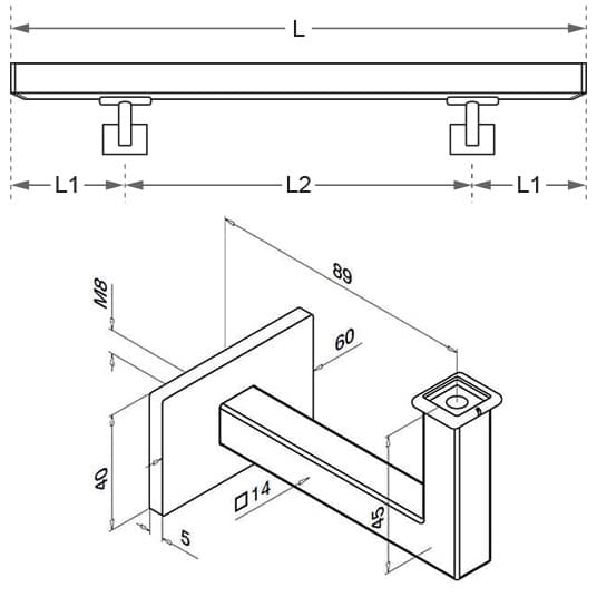 Stainless Steel Square Handrail with Angle Plate Bracket Diagram