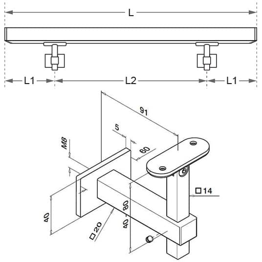 Stainless Steel Square Handrail with Adjustable Bracket Diagram