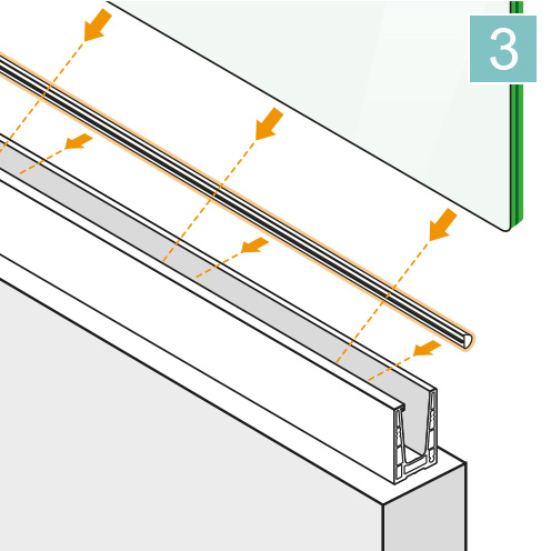 Insert rubber and glass into channel Insert rubber and glass into channel
